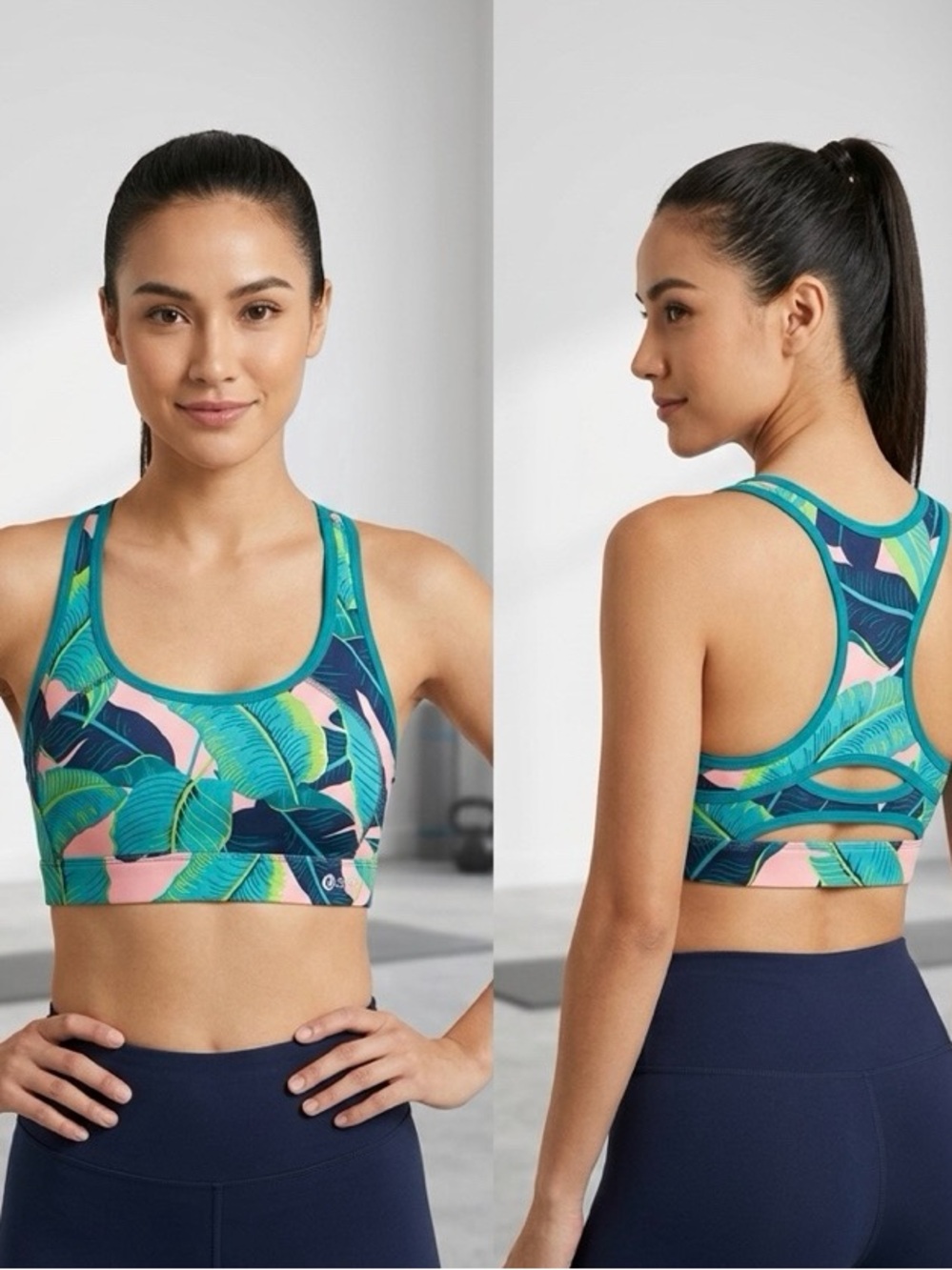 Xersion Tropical Leaf Racerback Sports Bra - Teal & Pink